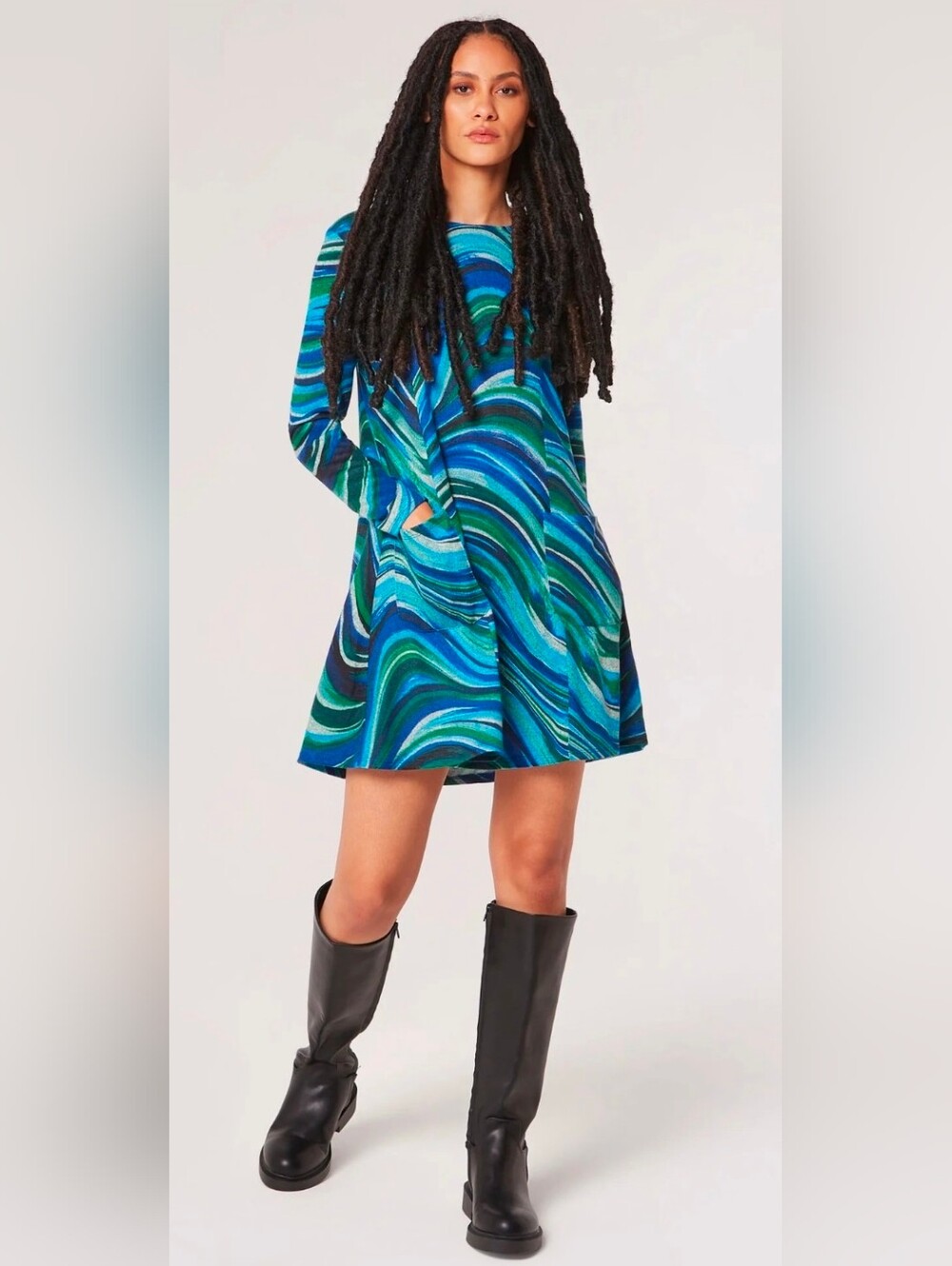 NWT Apricot Blue Green Swirl Knit Dress | Abstract Wave Print Long Sleeve Tunic